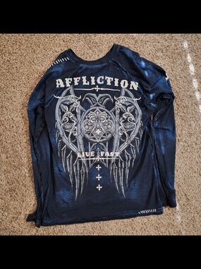 Affliction Live Fast Distressed Long Sleeve Tee Velvet Flocking XL